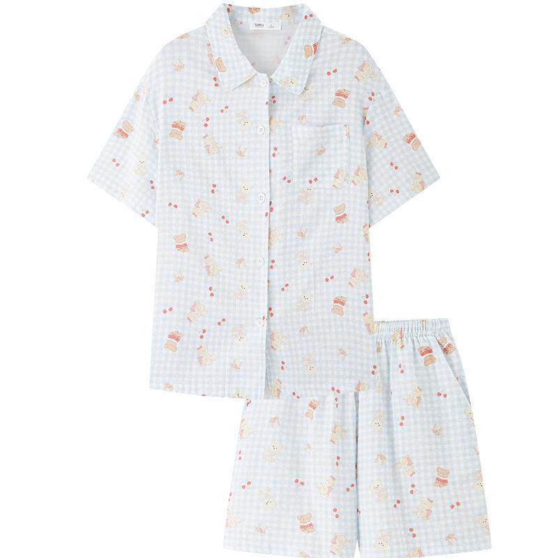 三福女夏季甜趣图案翻领睡衣套装 宽松短袖短裤家居服女517785