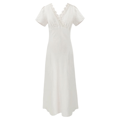 亚麻高品质蕾丝v领连衣裙