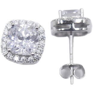 wbj定制珠宝垫形群镶耳钉银满镶嵌镀金S925 银镀金纯银饰