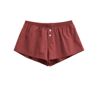 美式宽松红色格子低腰短裤女夏季百搭显瘦松紧腰纽扣休闲居家热裤