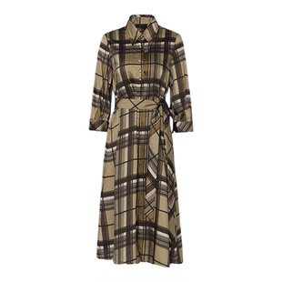 莱芙艾迪儿古典马德拉斯格撞色领巾连衣裙女士复古文艺衬衫裙