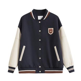 紫涵美式复古红色棒球服女士秋季新款学院风撞色刺绣胸针宽松外套