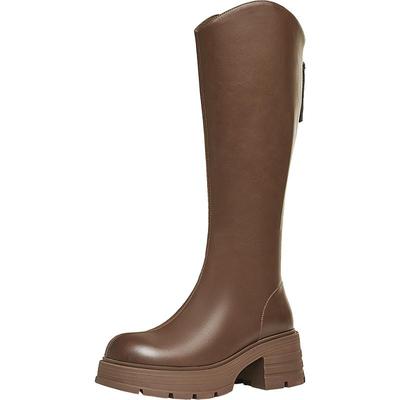 天美意复古厚底V口加绒骑士靴长靴女鞋子高筒时装皮靴冬新款