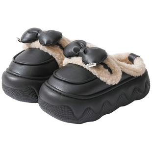 防水PU皮棉拖鞋女款厚底增高蝴蝶结拖鞋冬季加厚保暖外出防滑耐脏