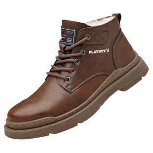 花花公子马丁靴男款冬季英伦加绒羊毛真皮棉皮鞋高帮雪地工装男鞋