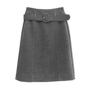 YIMOXI高腰毛呢中裙女2025冬季显瘦过膝裙气质直筒后开叉半身裙子