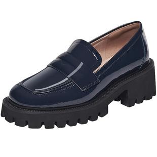 KISSCAT接吻猫秋季新款真皮方头漆皮厚底乐福鞋女士一脚蹬小皮鞋