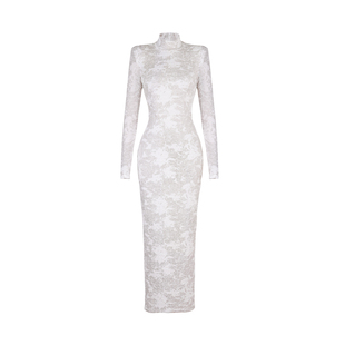 XULU原创秋季新款白色提花烫金针织优雅高贵高领修身长袖连衣裙