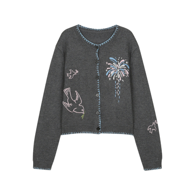 小鸟刺绣短款针织开衫