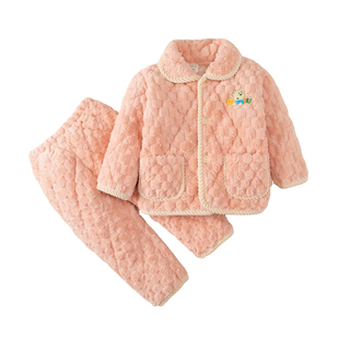 冬季儿童三层夹棉加厚睡衣珊瑚绒男童女童女孩红色家居服套装外穿