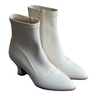 升级版 复古白色温柔百搭气质显瘦弹力靴酒杯跟高跟瘦腿短筒靴子