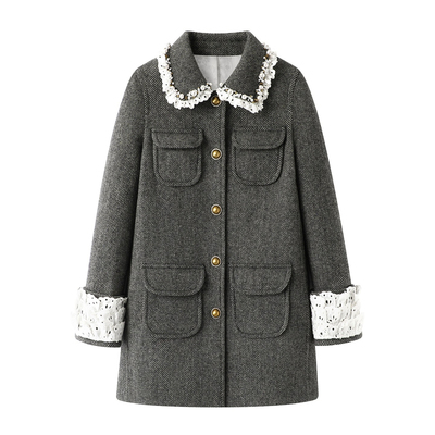 现货拉飞家2025秋款经典复古重工钉珠人字呢外套大衣LF25Q02SY204