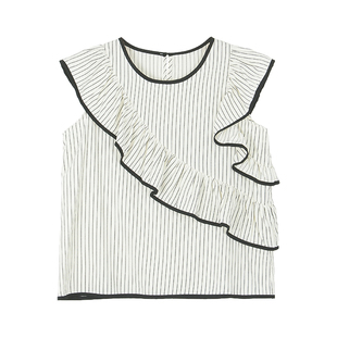 荷叶边法式复古条纹无袖小衫女夏季流行甜美时尚漂亮独特小资上衣