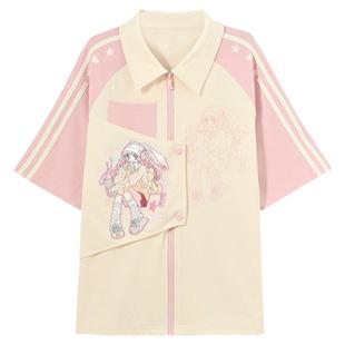 森女部落原创粉色甜酷千禧亚比文化y2K短袖上衣polo衫T恤撞色外套