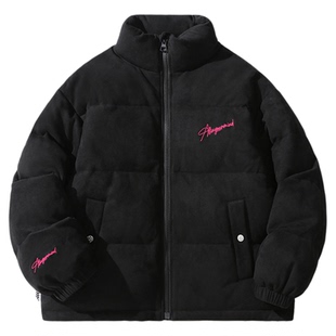 ALLIN 黑色立领羽绒服男款冬季潮牌短款字母刺绣加厚保暖情侣外套