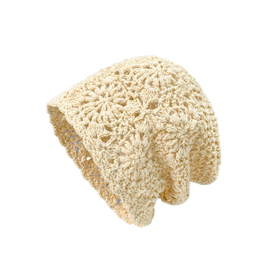 手工编织花朵镂空包头帽女夏季珍珠流苏套头帽薄款民族风针织帽子