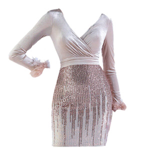 晚礼服女小个子闪闪高贵性感高端名媛宴会包臀长袖短款夜店连衣裙