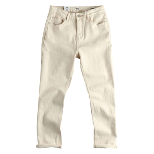 咔叽复古原胚米白色面料水洗牛仔裤男显瘦直筒欧美外贸青年长裤子