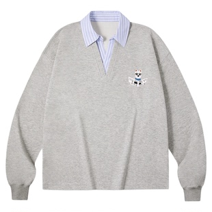 PSO Brand男装女装假两件条纹V领POLO卫衣男款宽松长袖外套情侣装