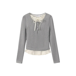 大码女装纯欲风bm系带假两件T恤冬季内搭木耳边修身显瘦别致上衣