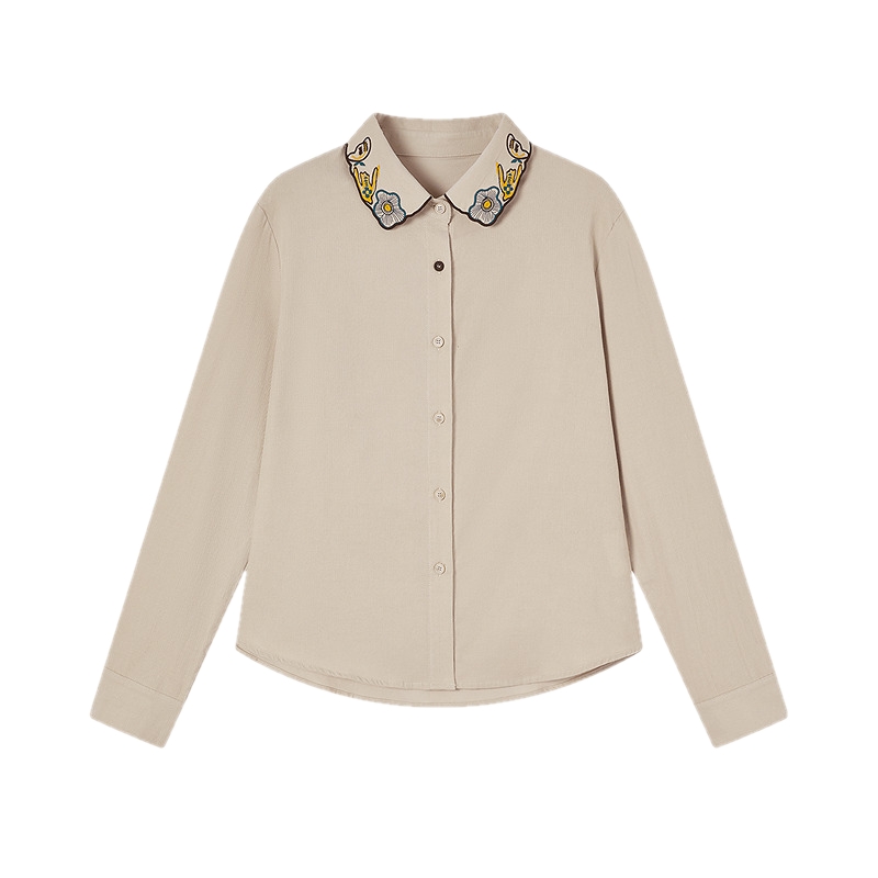 飞鸟和新酒纯棉翻领长袖灯芯绒衬衫女2025秋新款复古文艺刺绣上衣