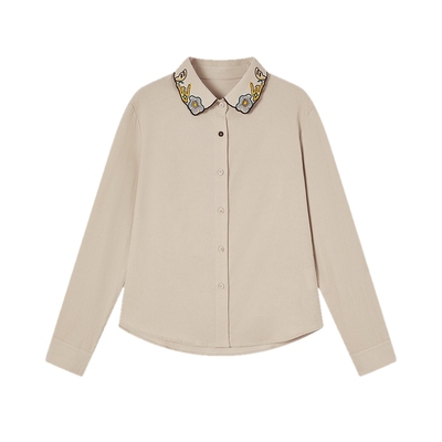 飞鸟和新酒纯棉翻领长袖灯芯绒衬衫女2025秋新款复古文艺刺绣上衣