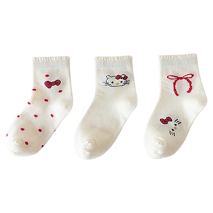 女童袜子春秋季纯棉儿童凯蒂猫卡通无骨中筒袜女孩宝宝花边公主袜