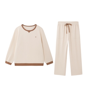 全棉时代女士睡衣纯棉女家居服蓬松柔软华夫格长袖长裤可外出套装