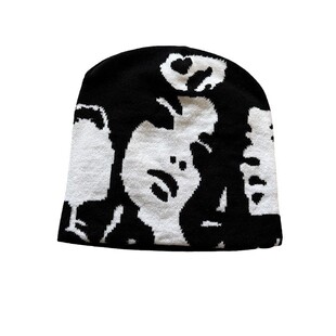 欧美外贸黑色毛线帽子秋冬女街头嘻哈人面提花流行针织保暖冷帽男