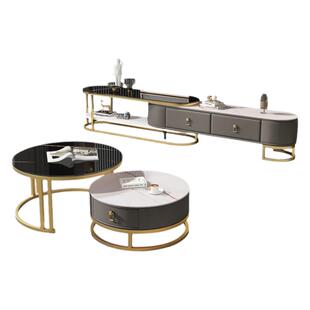 轻奢茶几电视柜组合可伸缩岩板现代简约小户型客厅家用圆形茶几桌