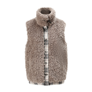 NON RESTRAIN格纹拼接无袖皮草外套女牛角扣立领仿羊羔毛背心马甲