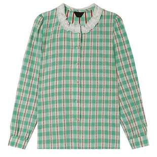 白鹿语法式复古温柔钉珠花边领衬衫26春新款甜美小衫撞色格纹上衣