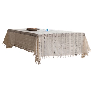 法式镂空白色蕾丝餐桌布棉麻布艺网红装饰台布茶几流苏盖巾盖布