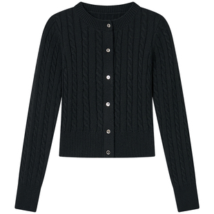 Halo Luu 黑色麻花针织开衫外套女春季新款毛衣韩系修身短款上衣