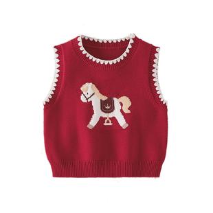宝宝针织马甲儿童毛衣春秋婴儿红色毛线衣冬小童毛织坎肩女童背心