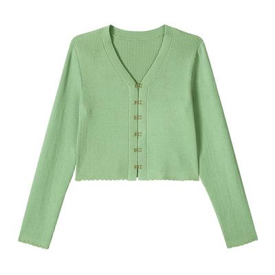 弹力透气/MSLAN气质修身短款针织衫 25秋 冰丝显瘦绿色开衫女