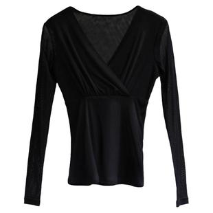2025秋装气质v领薄纱上衣女款网纱t恤交叉领舞蹈纱衣打底衫女长袖