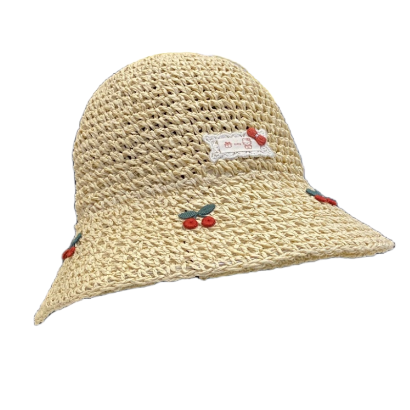 可爱樱桃刺绣草帽女夏百搭显脸小