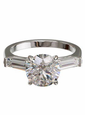 18K金圆形主石四爪镶梯方石侧镶戒轻奢小众设计婚戒可定制食指戒