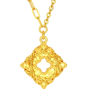 潮宏基爆闪碎碎冰四叶草足金项链5G黄金小方糖锁骨链情人节女计价