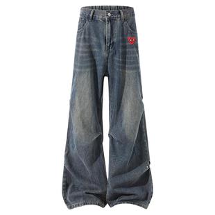 查尔斯桃心复古牛仔裤男秋冬季铆钉拼接设计感磨白水洗阔腿长裤子