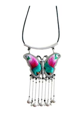 民族风长命锁银饰刺绣项链毛衣链