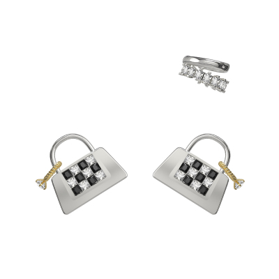 BOONEE棋盘格包镶钻三件套耳钉