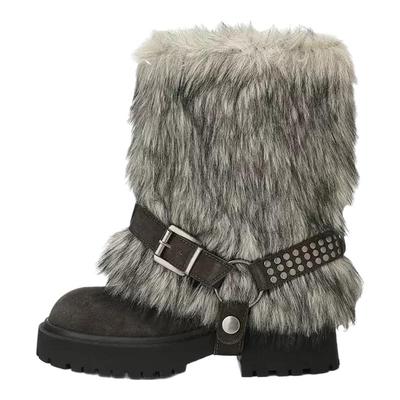 两穿费尔岛毛毛雪地靴女2025冬季新款厚底金属扣短靴加绒加厚棉鞋