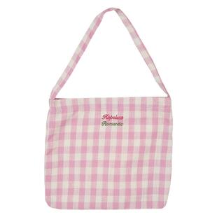 Wfei立体字母格子布包单肩包少女心格纹休闲帆布包女手提包购物袋