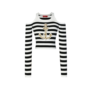 lefame拉飞姆修身黑白条纹珍珠露肩长上衣