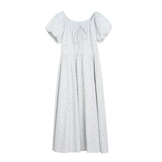 紫涵全棉蓝色碎花连衣裙女2026夏季新款小清新绑带收腰泡泡袖长裙