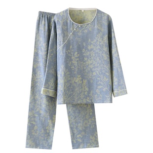 国风新中式色织纯棉纱布睡衣女春秋季薄款长袖长裤棉麻家居服套装