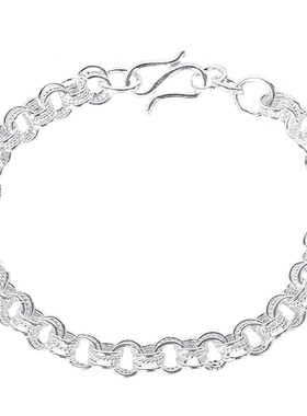 纯银手链女S990足银三圈多层扣环手链粗圆圈圈银手链o字链送女友