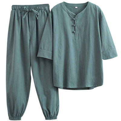 亚麻t恤宽松v领五分袖复古唐装